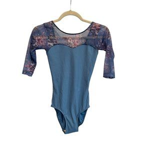 Eleve Dancewear Leotard Blue Mesh Floral Sleeves New without Tags Size Medium